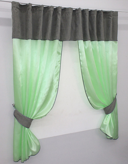 Кухонні штори VR-Textil № 073к з ламбрекеном і підхватами салатовий з сірим 290х170 см (52-0272) Київ - фото 2