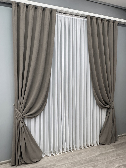 Комплект готовых штор VR-Textil Микровелюр Petek YL № 1710ш Серо-коричневый 100х290 см 2 шт (31-813) Киев - изображение 3