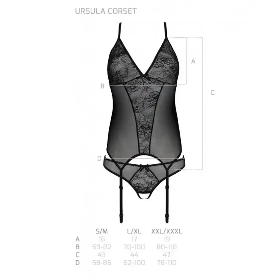 Корсет із пажами, трусики з ажурним декором та відкритим кроком Passion URSULA CORSET S/M, black Львов