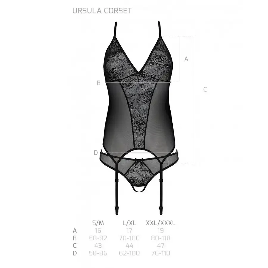 Корсет із пажами, трусики з ажурним декором та відкритим кроком Passion URSULA CORSET S/M, black Львов - изображение 6