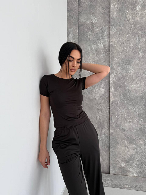 Женский базовый костюм тройка: лонгслив, футболка и штаны микродайвинг Черный Одесса - изображение 7
