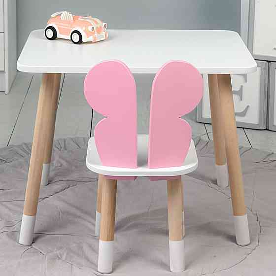 Детский  прямоугольный стол и стул розовый бабочка с белым сидением. Детский белый столик Киев