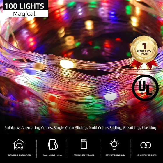 Розумна RGB LED-гірлянда Oreunik 10 м 100 LED, Bluetooth, iDeal LED, музична синхронізація, пульт, IP65, USB Київ