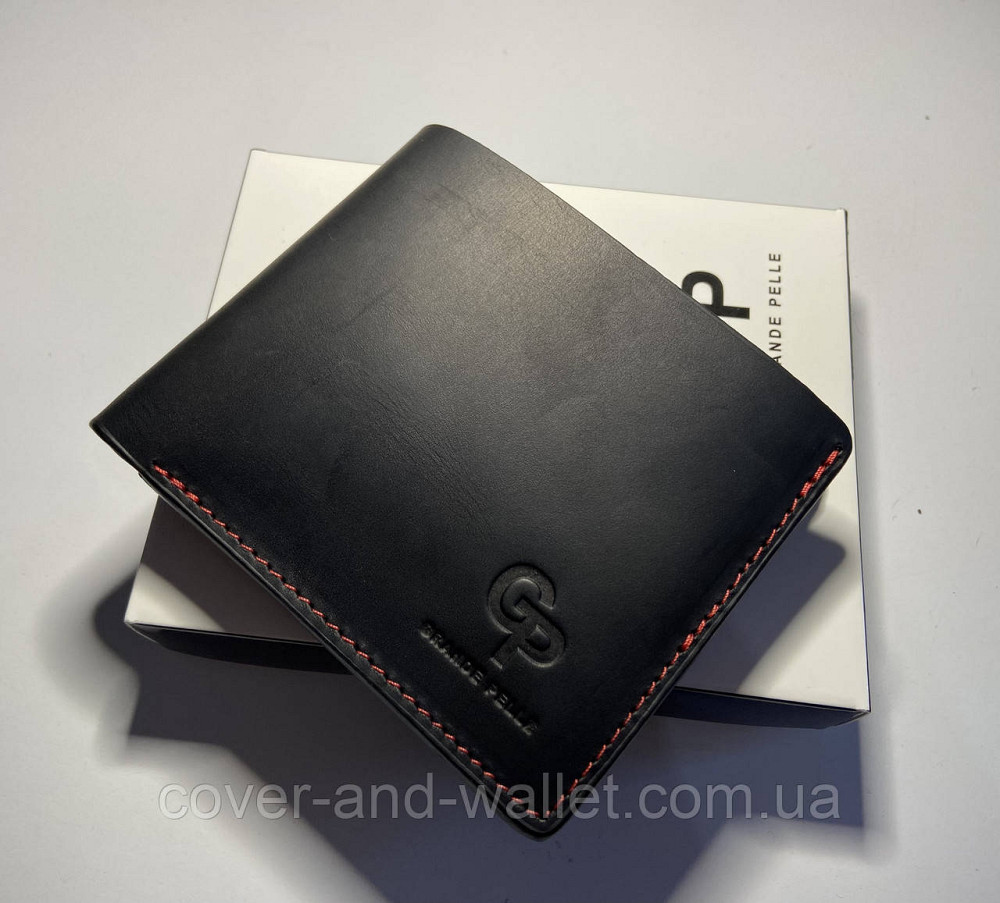 Стильный мужской кошелек из винтажной кожи на магнитной застежке Grande Pelle 50511060 чёрный с красным Киев - изображение 3
