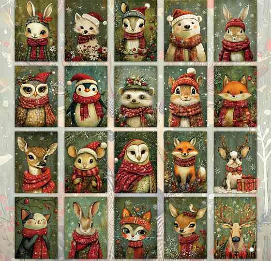Рождественские открытки с животными – набор 10 шт, винтажный стиль Киев