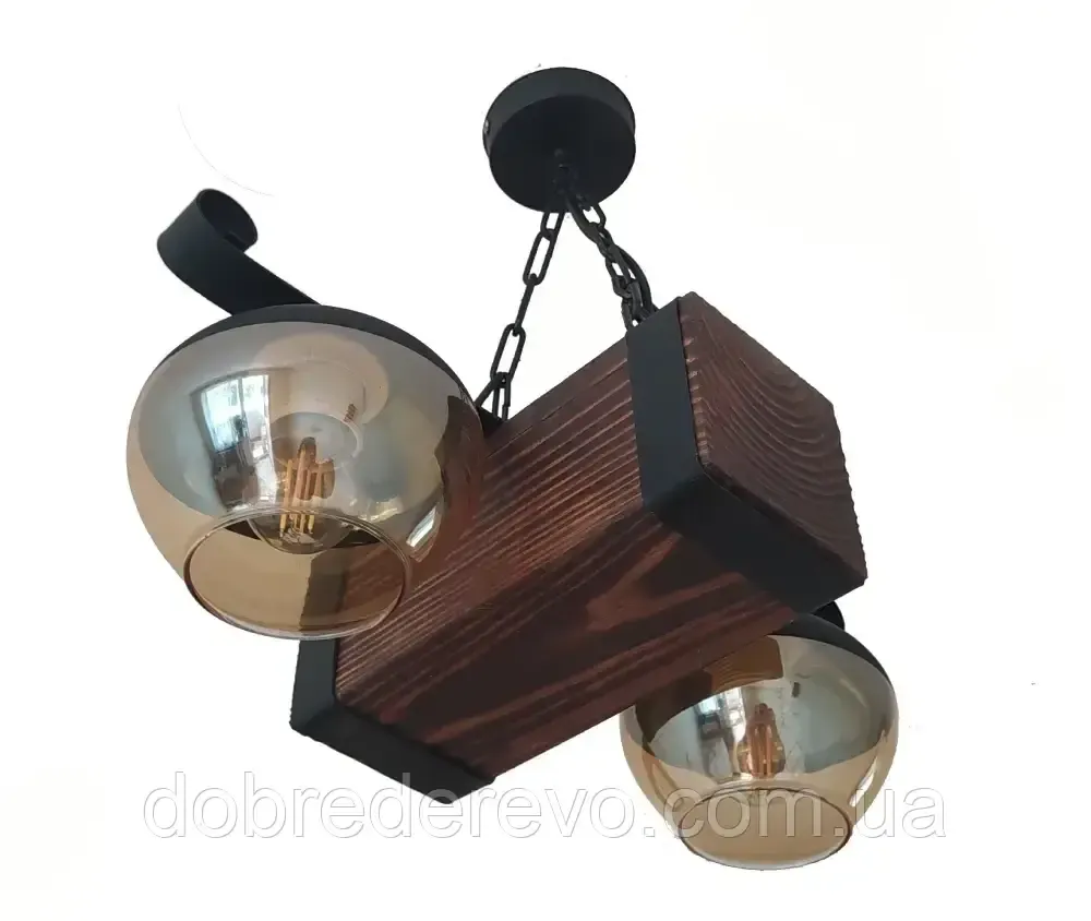 Дерев'яний світильник балка склянним плафоном на ланцюгу Вижниця - фото 1