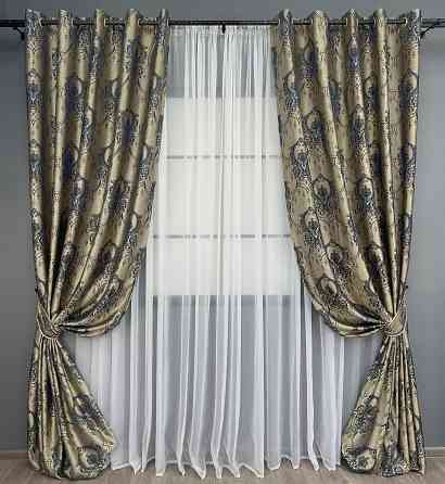 Комплект штор на люверсах VR-Textil Парча № 1776ш Бежевий з синім 155х270 см 2 шт (37-0261) Київ