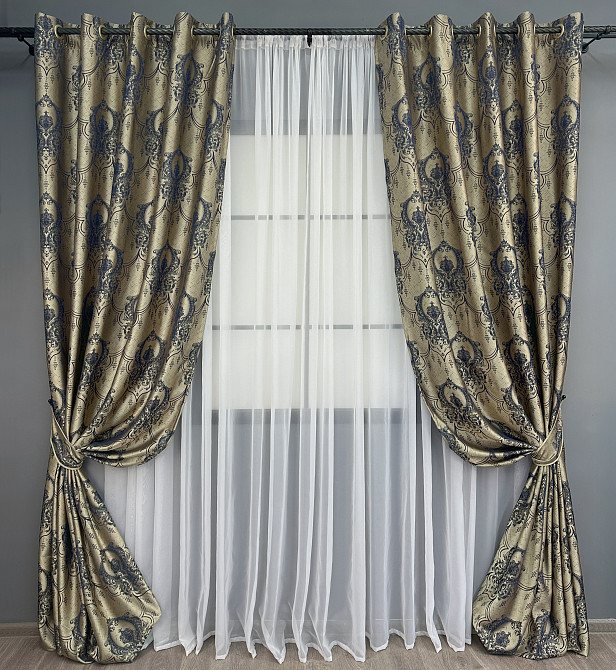 Комплект штор на люверсах VR-Textil Парча № 1776ш Бежевый с синим 155х270 см 2 шт (37-0261) Киев - изображение 2