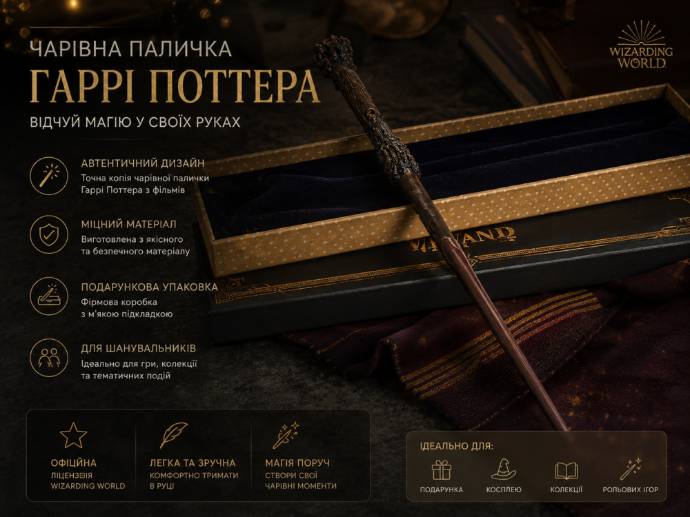 Чарівна паличка Гаррі Поттера колекційна з металевим осердям — Колекційна паличка з полісмоли в коробці Олівандера Київ - фото 1