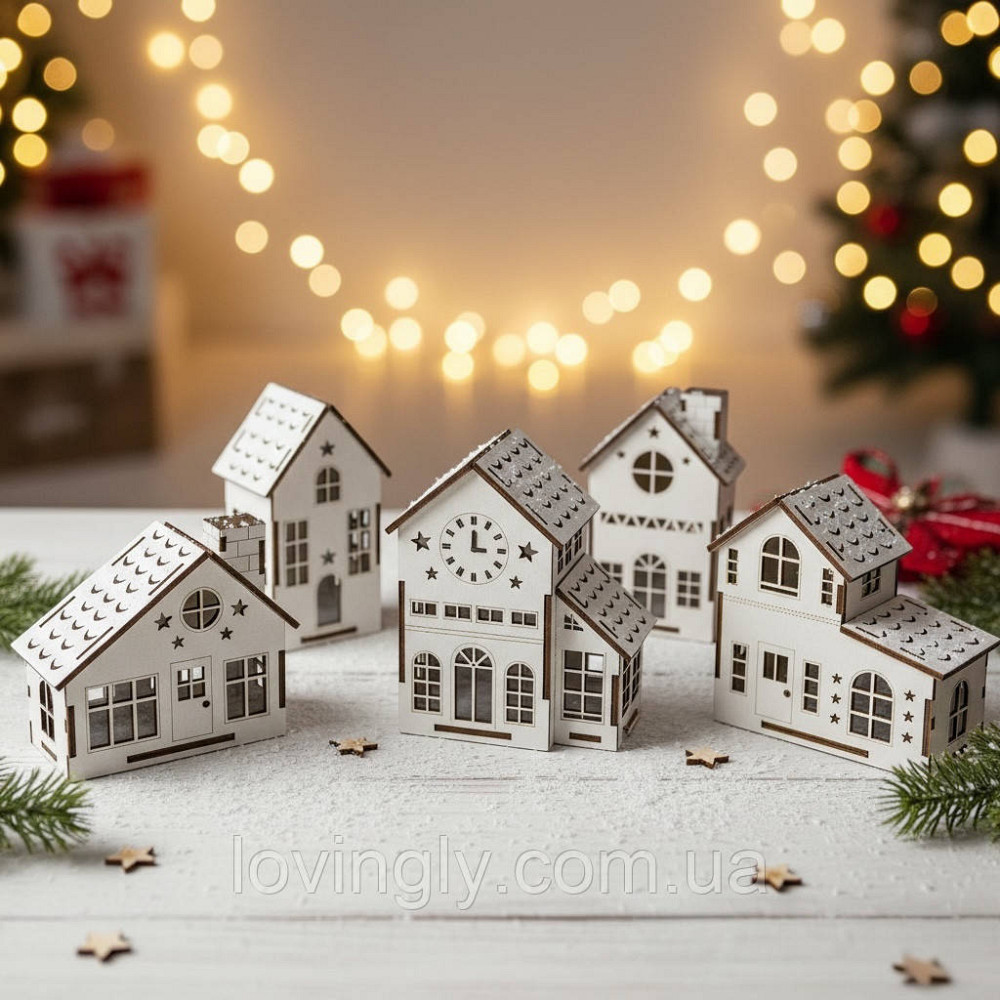 Різдвяні будиночки з підсвіткою — новорічний декор з дерева, комплект 5 шт. Ірпінь - фото 6