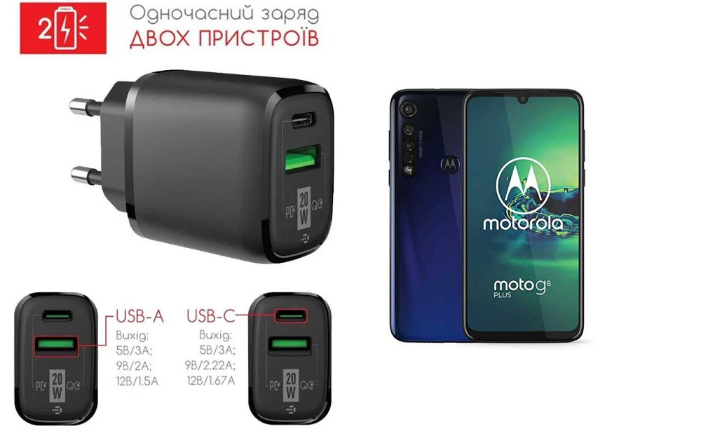 Сетевое зарядное устройство для Motorola Moto G8, Moto G8 Plus, Moto G8 Power, 20W 3A, Quick Charge 3.0 Киев - изображение 1