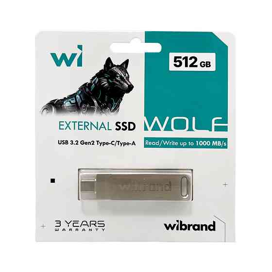 Портативний SSD Wibrand Wolf 512GB USB 3.2 Gen.2 Type-C/Type-A Read/Write 1000MB/s Silver Одеса