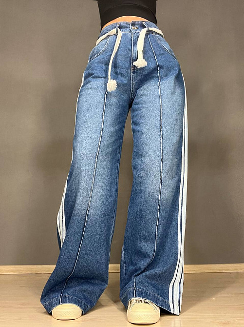 Джинсы женские Vonnavi 413-240 палаццо с лампасами пояс резинка шнурок синие, синий, 26, 26, 68 см,  Одесса - изображение 1