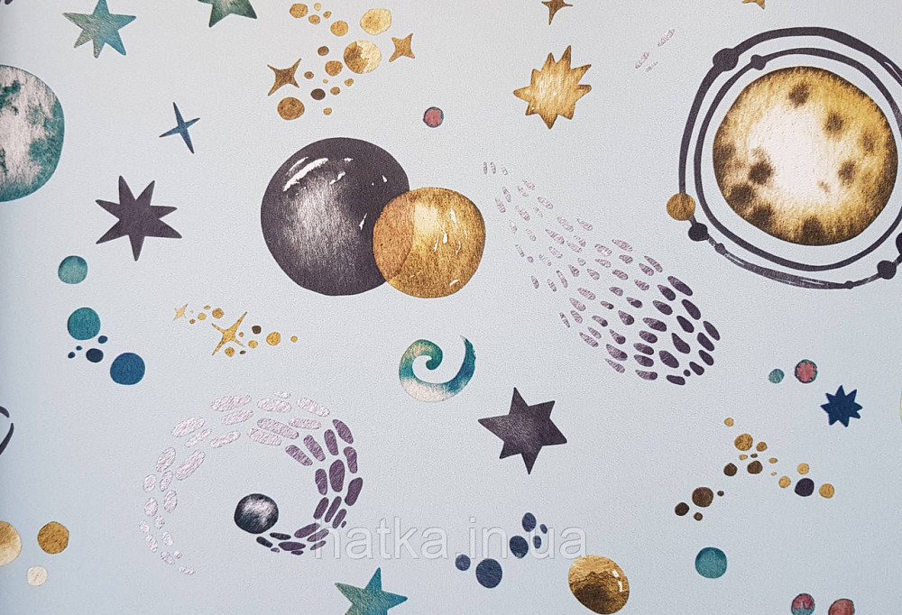 Шпалери флізелінові еко Rasch Kids World 0.53х10 дитячі планети сузір'я зірки метеорити на блакитному Київ - фото 1