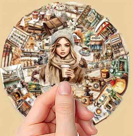 Набір вінтажних стікерів Кавʼярня та Подорожі – 50 шт Київ