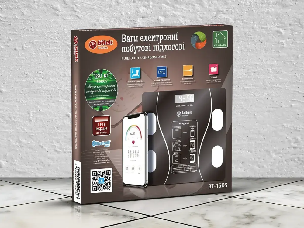 Весы электронные бытовые напольные 180кг стеклянные квадратные LED экран BITEK BT-1605/ 6469 (15) Одесса - изображение 3