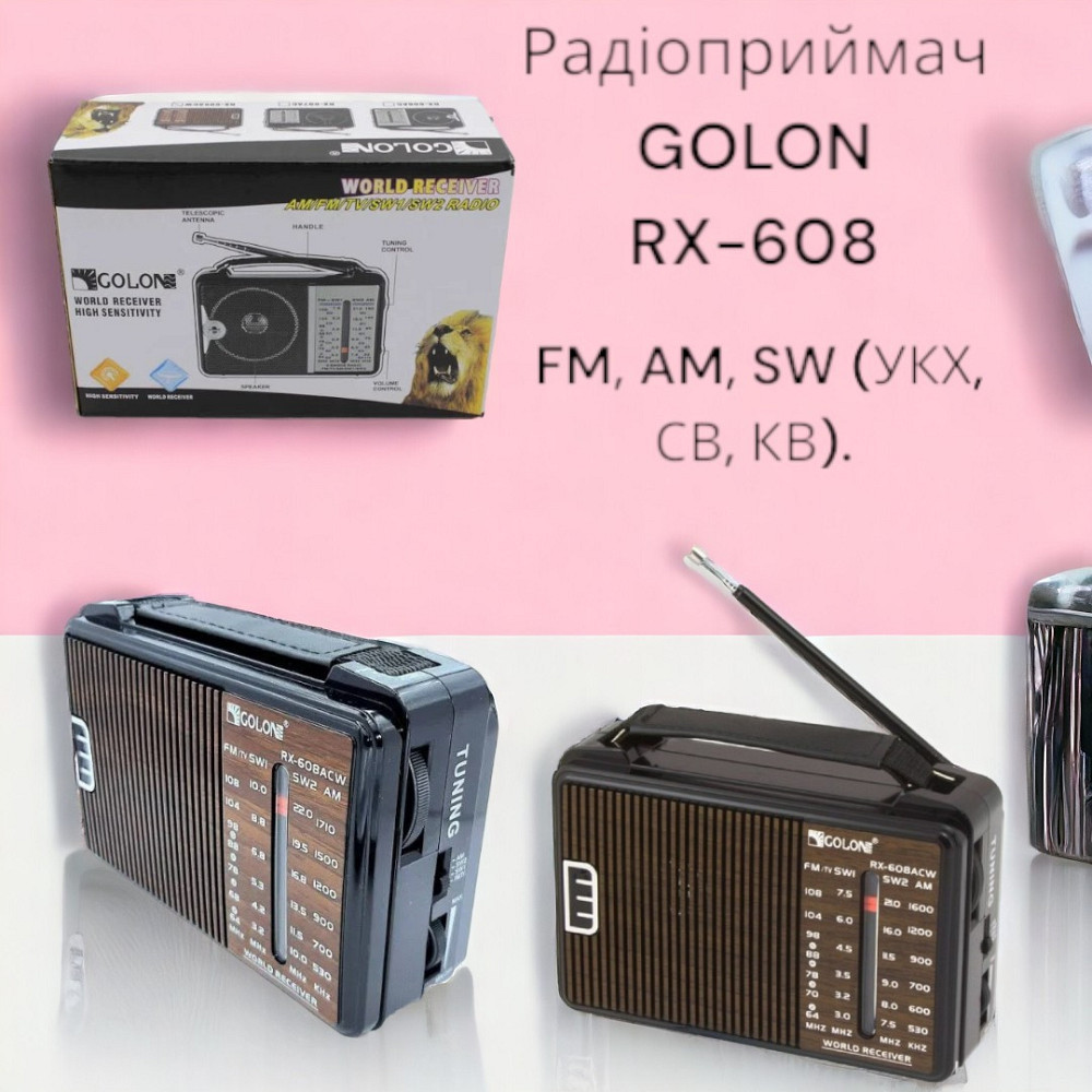 Радіоприймач GOLON RX-608 портативний з потужним динаміком, FM/AM/SW, USB/TF, акумуляторний Одеса - фото 2