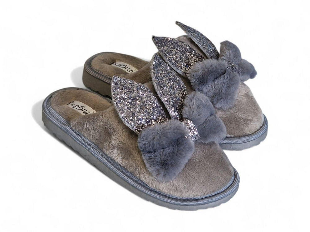 Тапочки домашние комнатные женские зайки с блестящими ушками серый Одесса - изображение 2