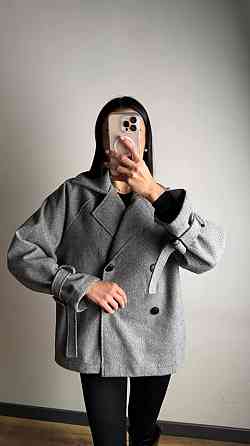 Женское трендовое пальто с двубортной застежкой на пуговицы и поясом Серый Одесса