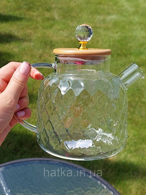 Чайник заварювальний Olens "Ромбус" 1500 мл скляний із бамбуковою кришкою для дому та ресторану Київ - фото 2