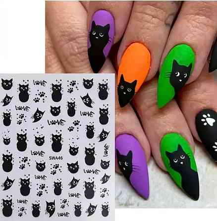 3D наклейки для ногтей «Котики» – чёрные, лист 10×8 см, 2 листа Киев