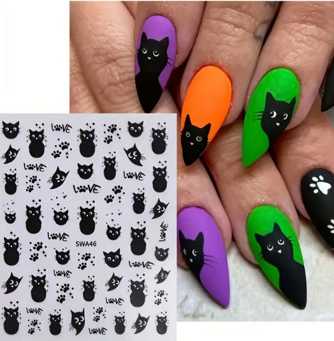 3D наклейки для ногтей «Котики» – чёрные, лист 10×8 см, 2 листа Киев - изображение 2