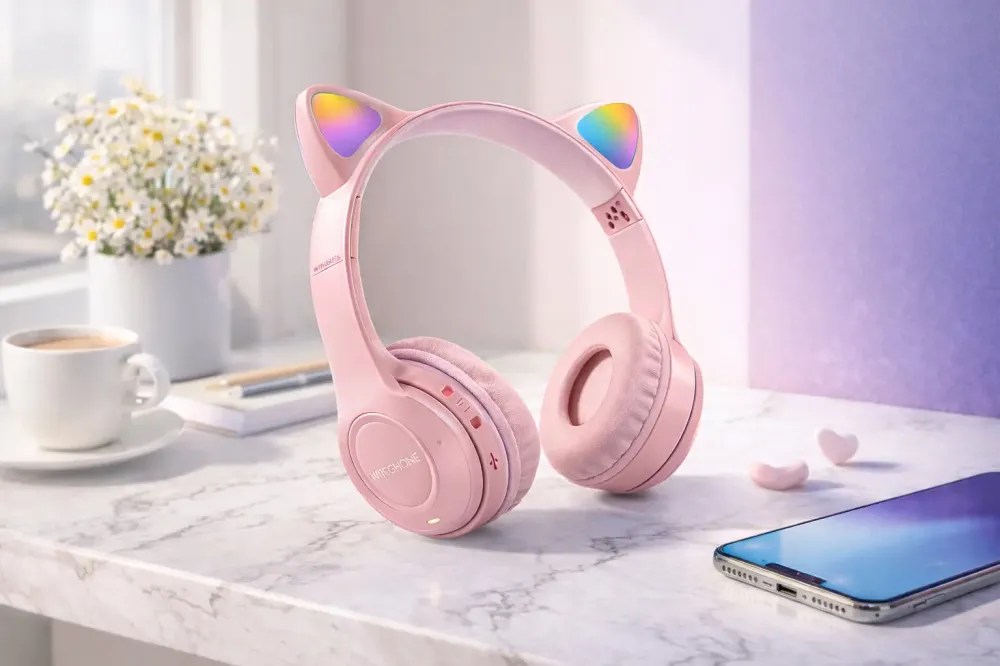 Беспроводные наушники с кошачьими ушками и лед подсветкой Cat Ear Y47 Led, Bluetooth наушники с микрофоном Розовый Коломыя - изображение 1