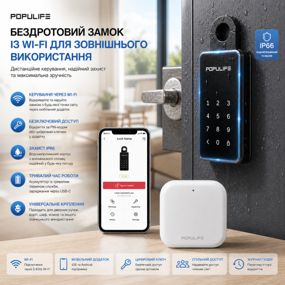 Умный Wi-Fi сейф для ключей Populife со шлюзом: Дистанционное управление, IP66, Алюминиевый сплав, Bluetooth/PIN-код Киев