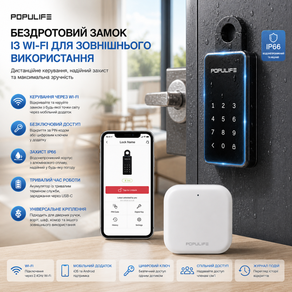 Умный Wi-Fi сейф для ключей Populife со шлюзом: Дистанционное управление, IP66, Алюминиевый сплав, Bluetooth/PIN-код Киев - изображение 1