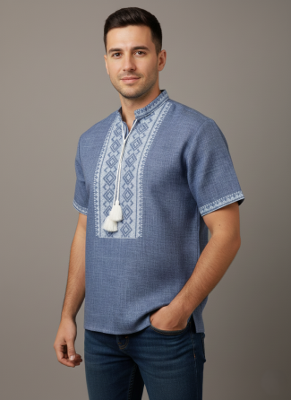 Чоловіча синя сорочка на короткий рукав із коміром стійкою Скрипка світла Київ