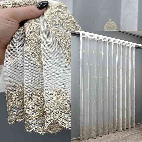 Тюль VR-Textil 1825т Грек-сетка с вышивкой и люрексом Молочный с капучино 300х270 см (40-171) Киев