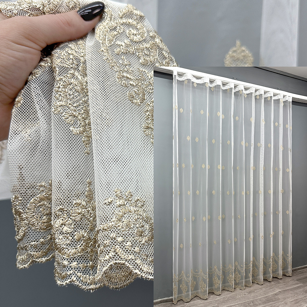 Тюль VR-Textil 1825т Грек-сетка с вышивкой и люрексом Молочный с капучино 300х270 см (40-171) Киев - изображение 1