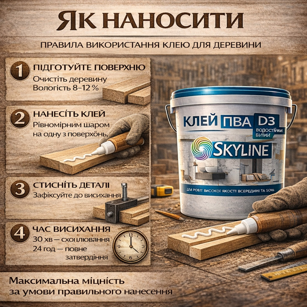 Клей ПВА D3 SkyLine 10 кг столярний підвищеної водостійкості промисловий для виробництва меблів, термостійкий до +100°С Харків - фото 7