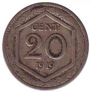 Монета 20 чентезимо. 1919 рік, Італія. Новий тип - Герб. Полтава