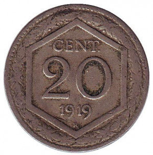 Монета 20 чентезимо. 1919 рік, Італія. Новий тип - Герб. Полтава - фото 1