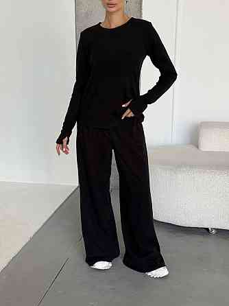 Женский теплый базовый костюм двойка из турецкого микрофлиса Черный Одесса