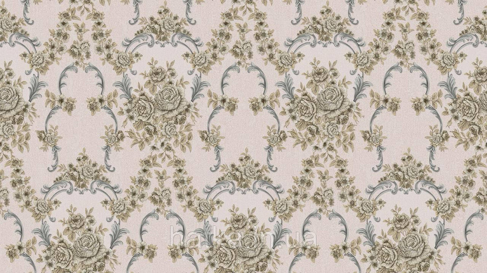 Шпалери метрові вінілові на флізеліні Sintra Classic класика квіти троянди завитки структурні жовті срібло на бежевому 445631 Київ - фото 2