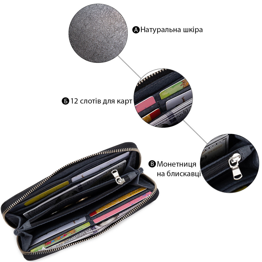 Кожаный женский кошелек на молнии Черный (GRANDE PELLE) Киев - изображение 8