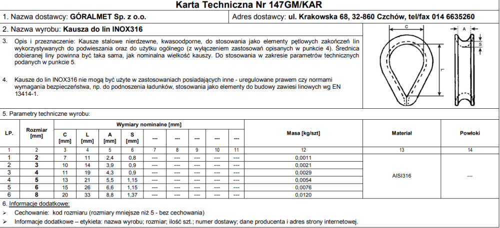 Коуш троса "GoralMet" 2 мм з нержавіючої кислотостійкої сталі AISI 316 Киев - изображение 4