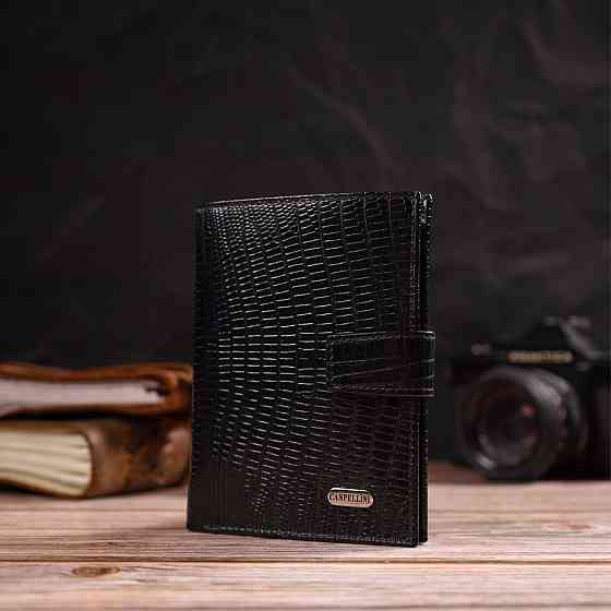 Фактурний вертикальний чоловічий гаманець середнього розміру з натуральної шкіри з тисненням CANPELLINI 21859 Чорний Київ