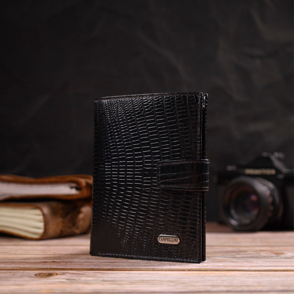Фактурний вертикальний чоловічий гаманець середнього розміру з натуральної шкіри з тисненням CANPELLINI 21859 Чорний Київ - фото 3