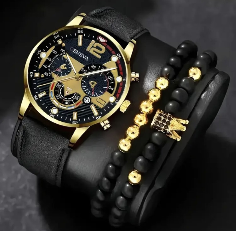 Подарунковий набір для чоловіків 1 наручний годинник та 2 стильними модними браслетами без подарункової коробки чорний Київ - фото 1