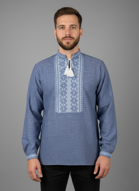 Класична чоловіча сорочка  із коміром стійкою в синьому кольорі Київ - фото 1