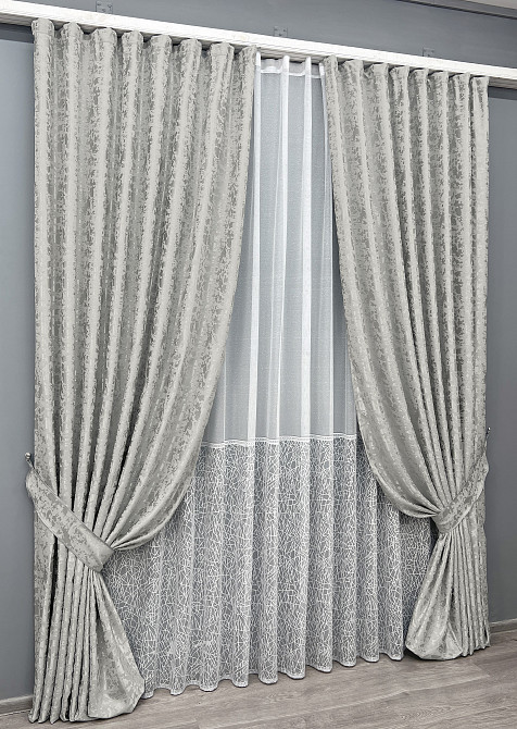 Комплект штор VR-Textil Льон Мармур 200х270 2шт і Тюль 500х270 1263ш-1672т Світло-сірий з білим 71-167/6 Київ - фото 2