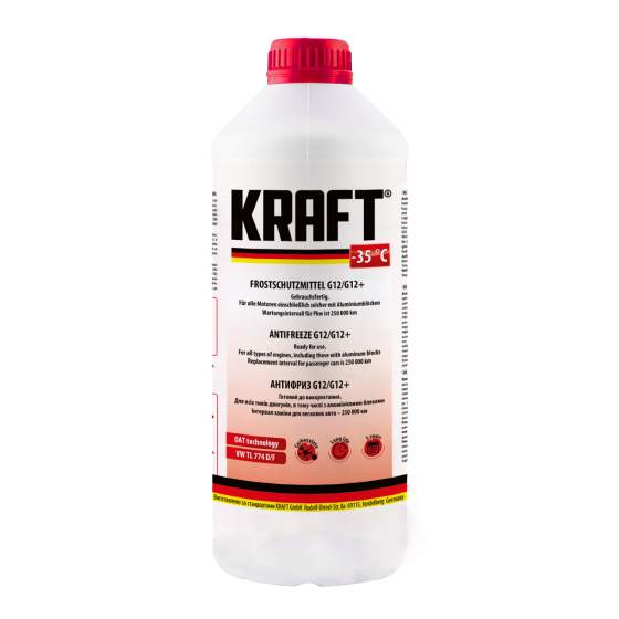 KRAFT KF109 — Антифриз готовий G12/G12+ -35 °C червоний 1,5 л | Готова охолоджувальна рідина для авто Ковель