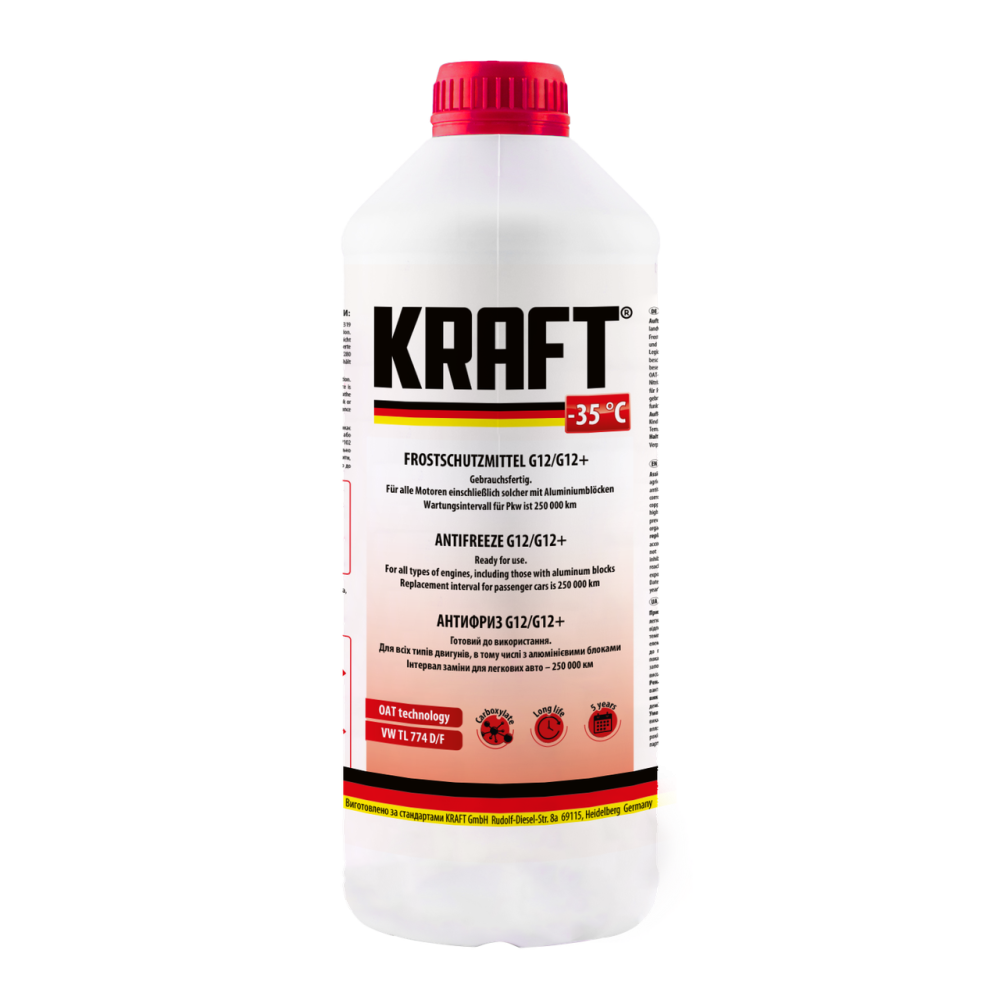 KRAFT KF109 — Антифриз готовий G12/G12+ -35 °C червоний 1,5 л | Готова охолоджувальна рідина для авто Ковель - фото 1