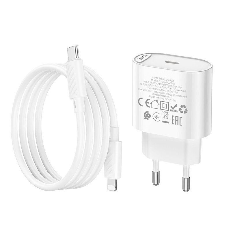 Зарядное устройство HOCO C109A с кабелем для iPhone белое Киев - изображение 1