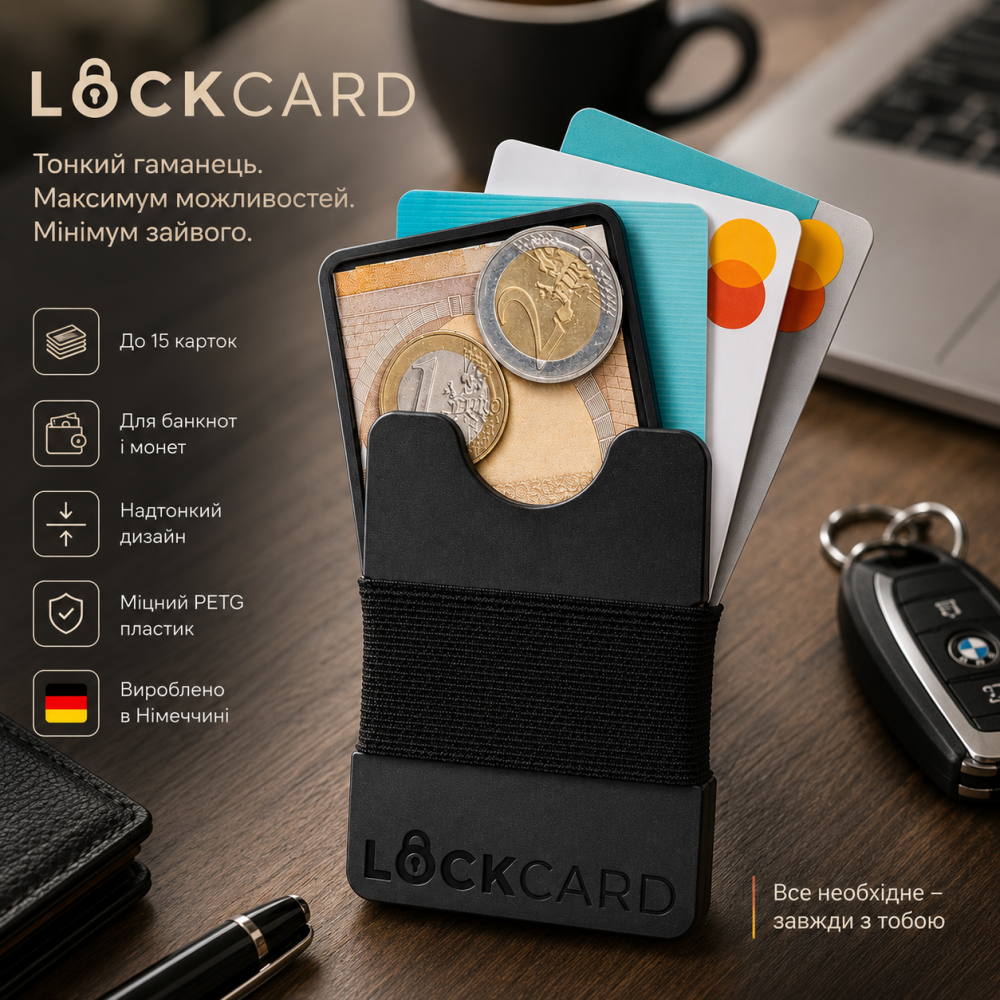 Тонкий гаманець LOCKCARD чорний, мінімалістичний кардхолдер на 15 карток, компактний гаманець для карток, банкнот і монет, PETG, Н Київ - фото 9