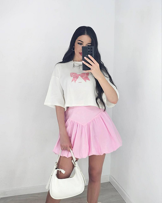 Женский летний романтичный костюм двойка: футболка и юбка турецкий кулир + коттон Розовый, 46/48 Одесса - изображение 4