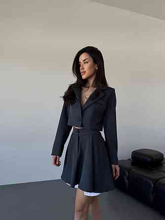 Жіночий костюм-двійка: укорочений піджак і спідниця з трендовою імітацією кишень турецька костюмка + котон Графіт, 44/46 Одеса